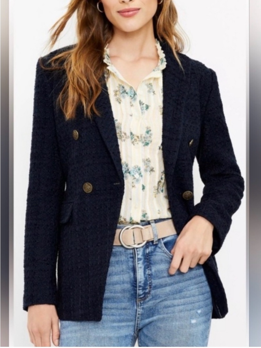 LOFT Navy Textured Double-Breasted Blazer with Gold Nautical Buttons - Picture 2 of 6